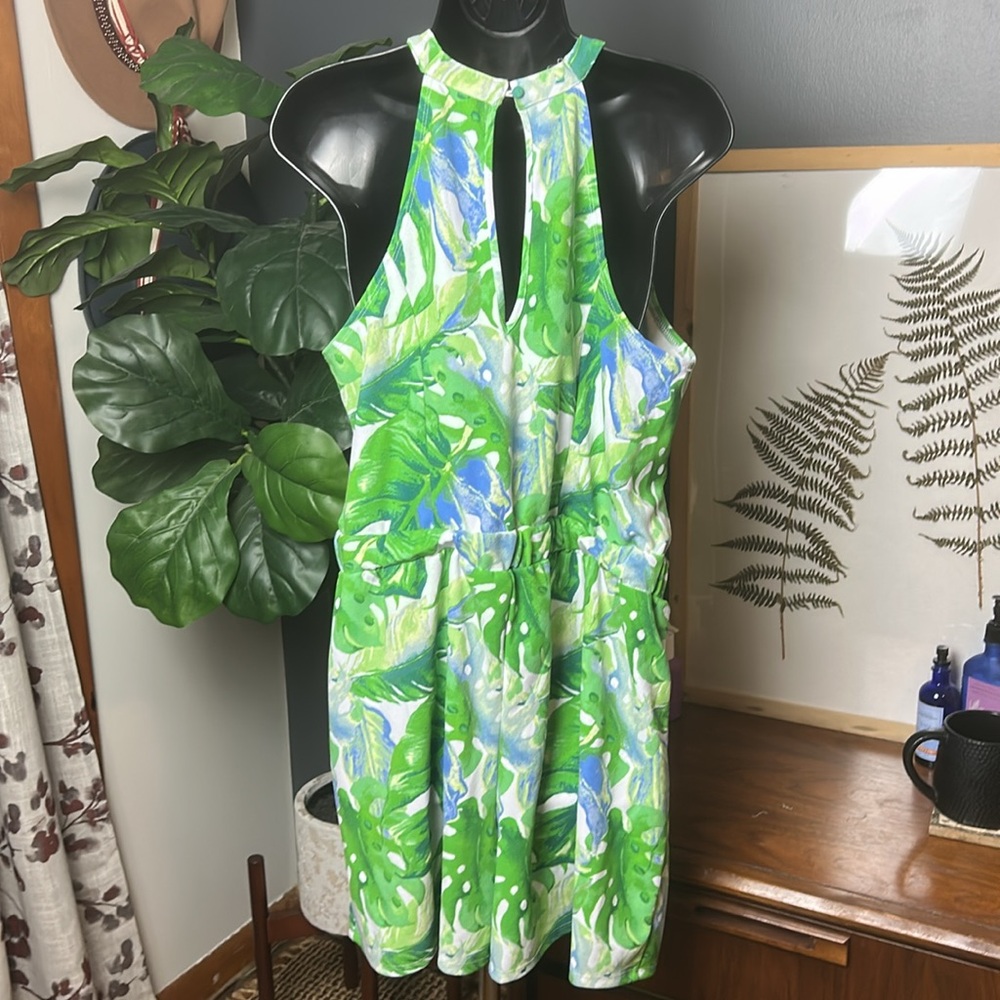 Madden NYC Halter Romper with Cut Outs Green and Blue Tropical Leaf Print romper - Picture 5 of 7